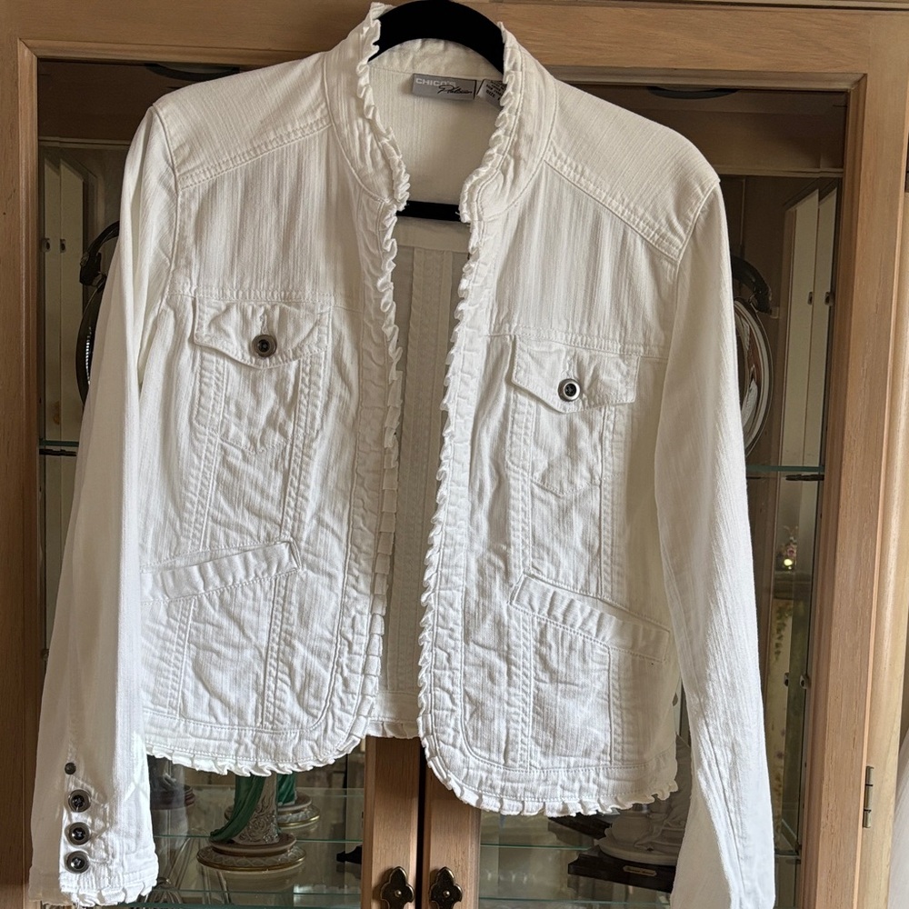 Chico's White Jean Jacket with Ruffle Detail